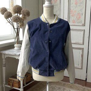 Aerie Preppy Blue Corduroy Snap‎ Front Academia Varsity  Jacket  Size Small
